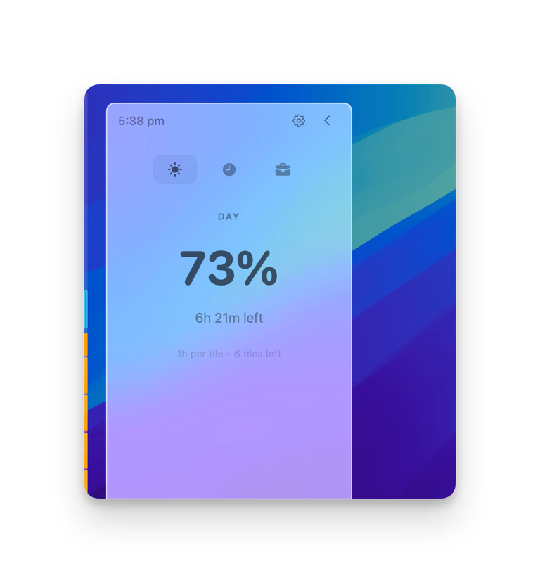 SideTime showing today's progress percentage and mode controls